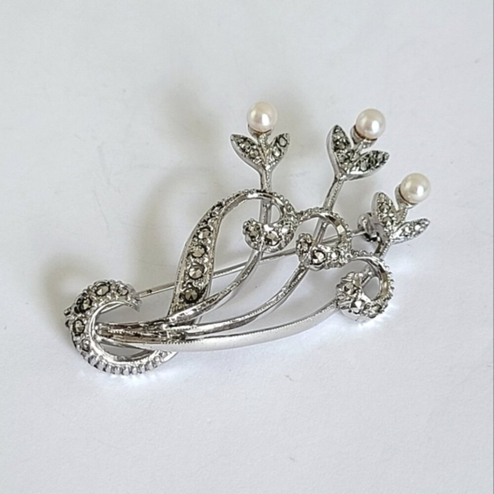 Vintage Boho Sterling Silver Marcasite Crystal Pearl Flower Brooch Pin